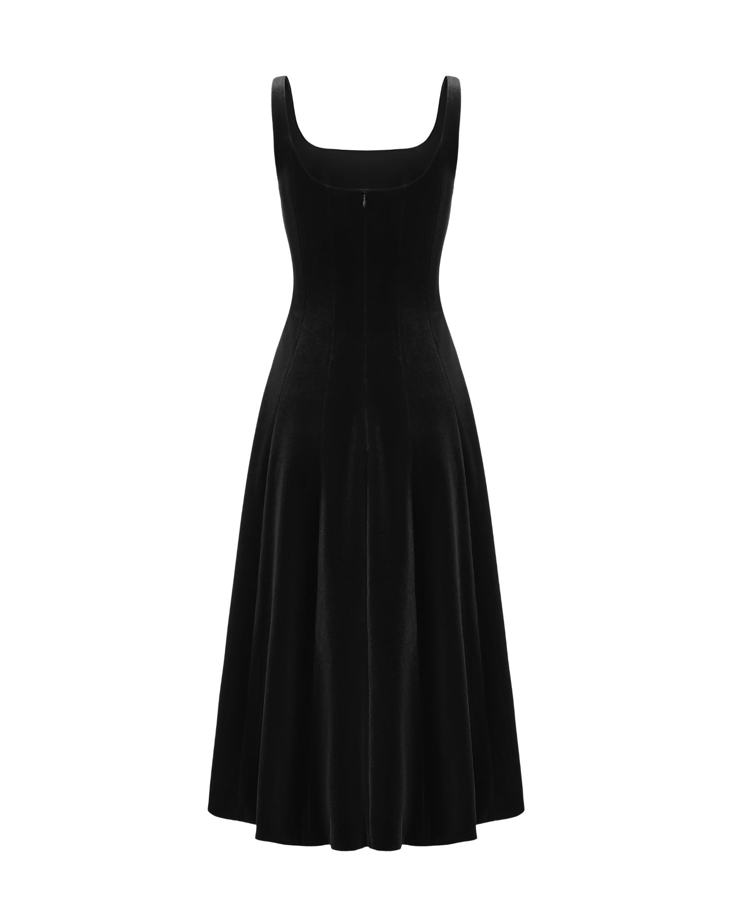 Black velvet maxi dress on a white background