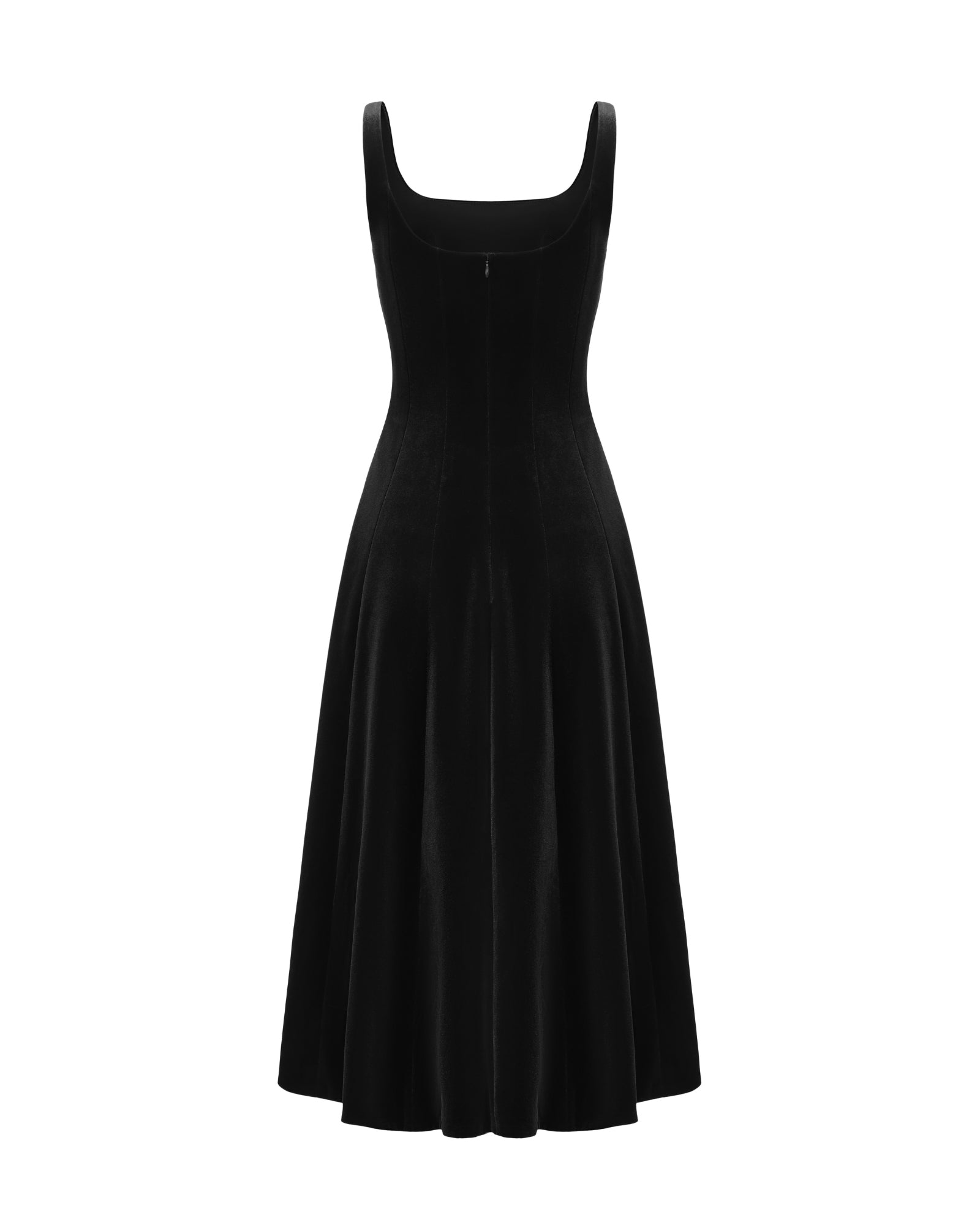 Black velvet maxi dress on a white background