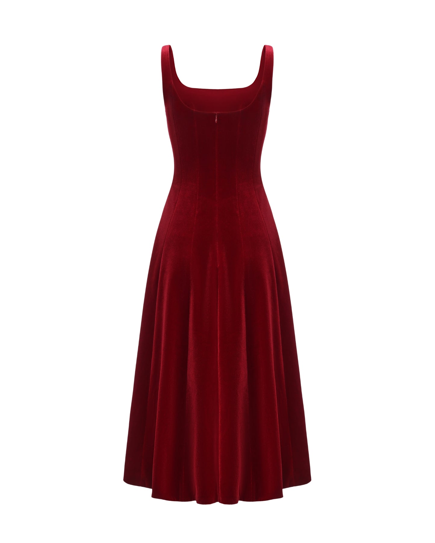 Red velvet suspender maxi dress on a white background