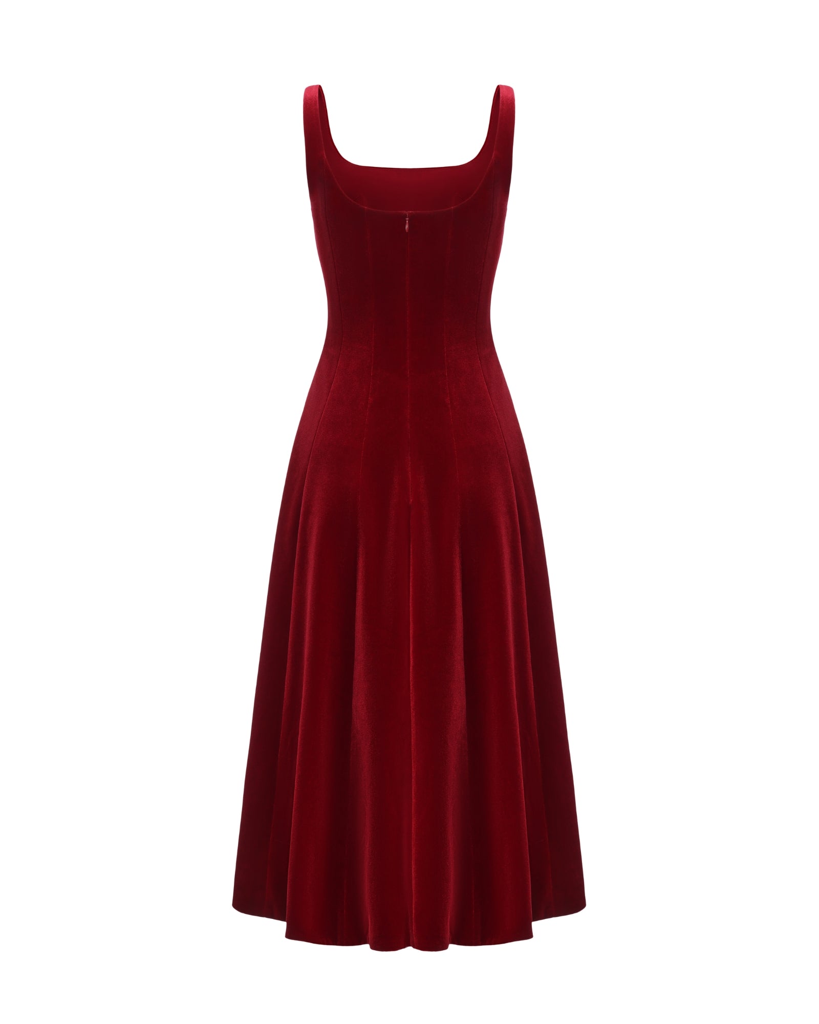 Red velvet suspender maxi dress on a white background