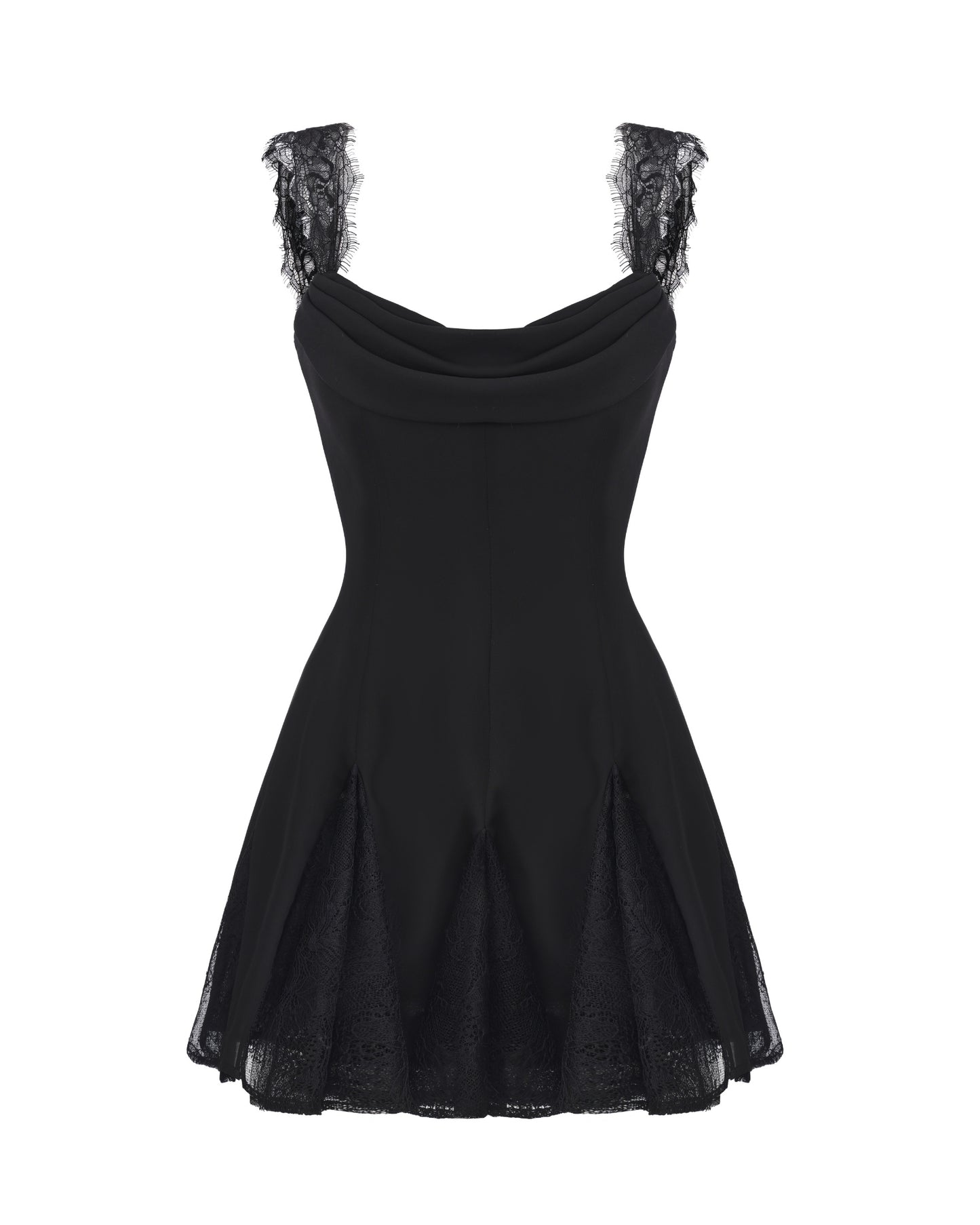 Black lace mini dress on a white background