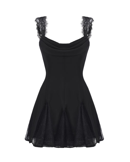 Black lace mini dress on a white background