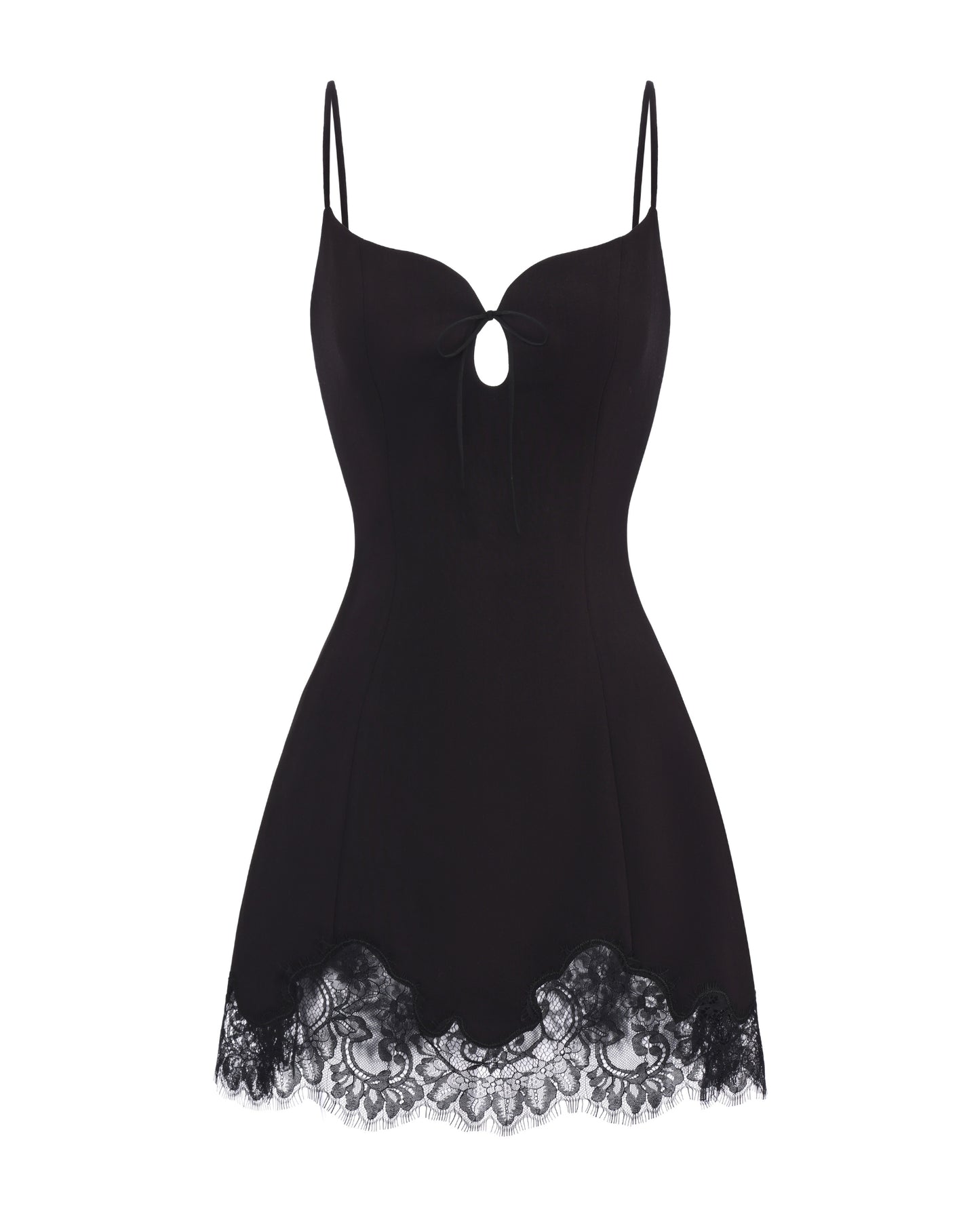 Black slip dress with lace trim on a white background