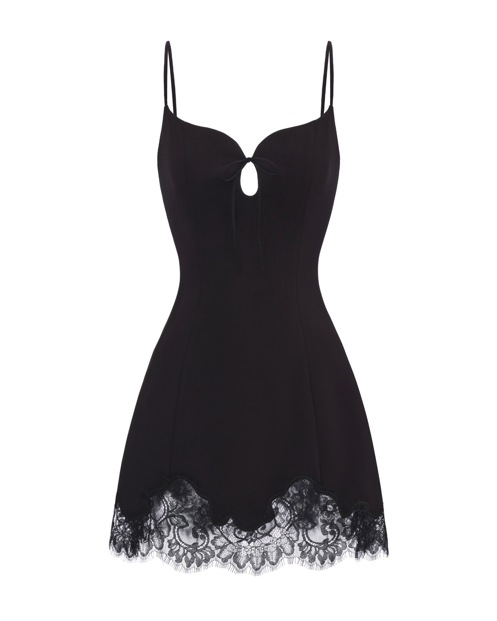 Black slip dress with lace trim on a white background