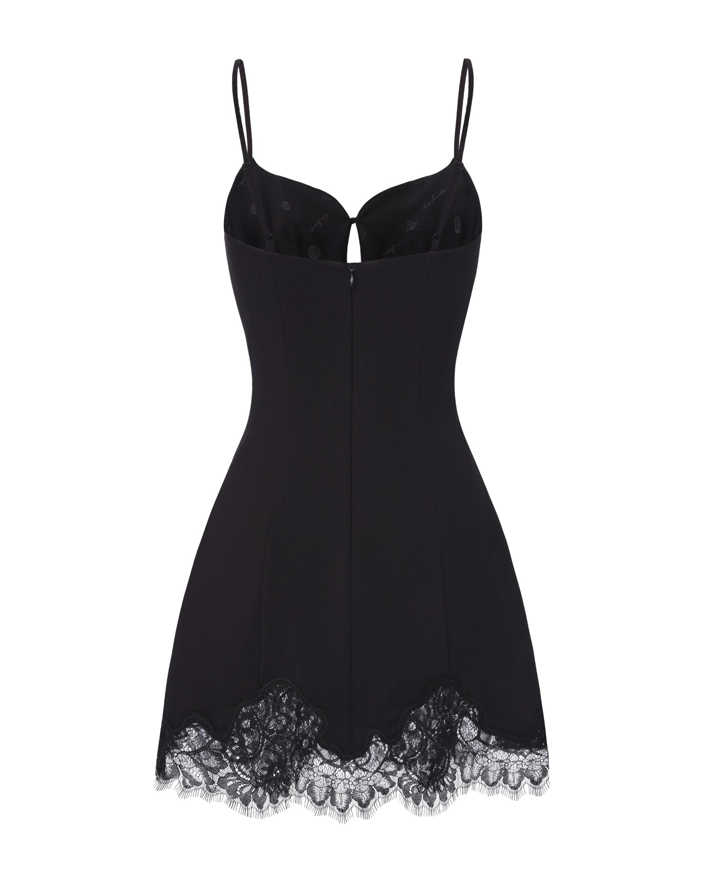 Black slip dress with lace trim on a white background