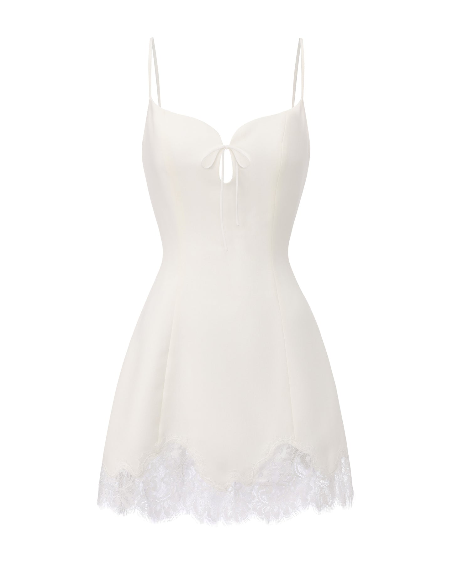White slip dress with lace trim on a white background