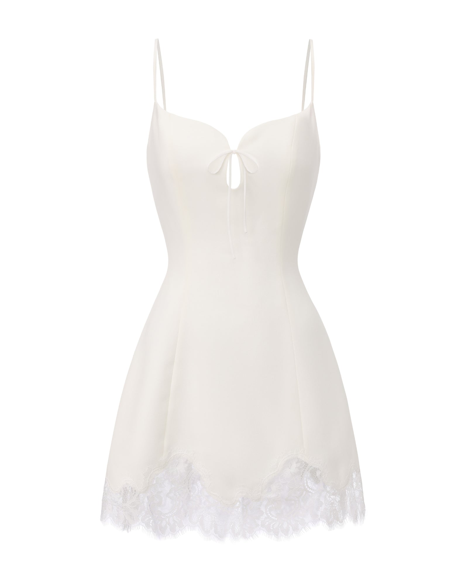 White slip dress with lace trim on a white background
