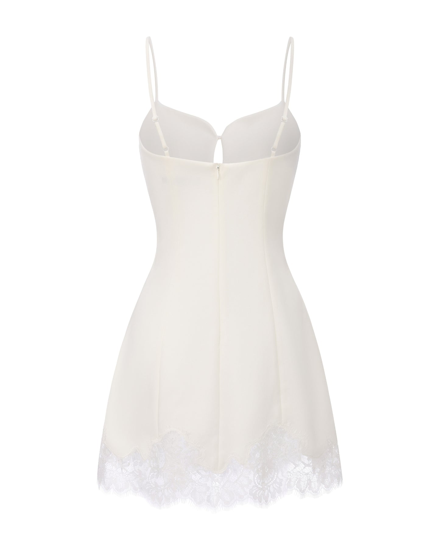 White slip dress with lace trim on a white background