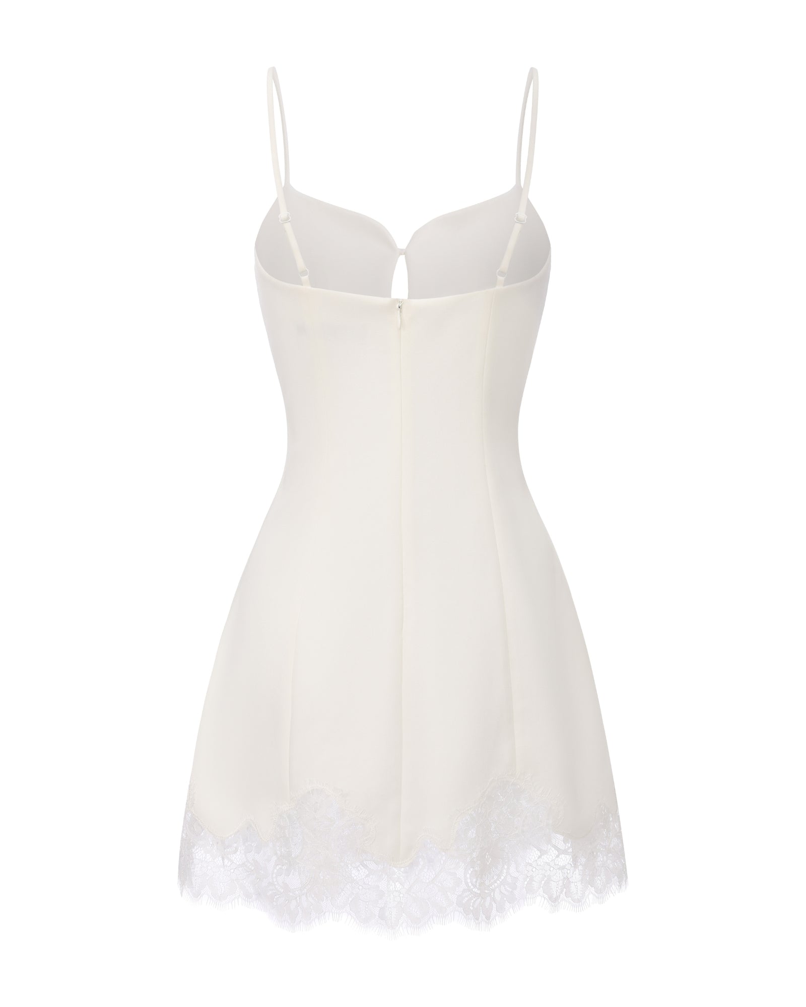 White slip dress with lace trim on a white background