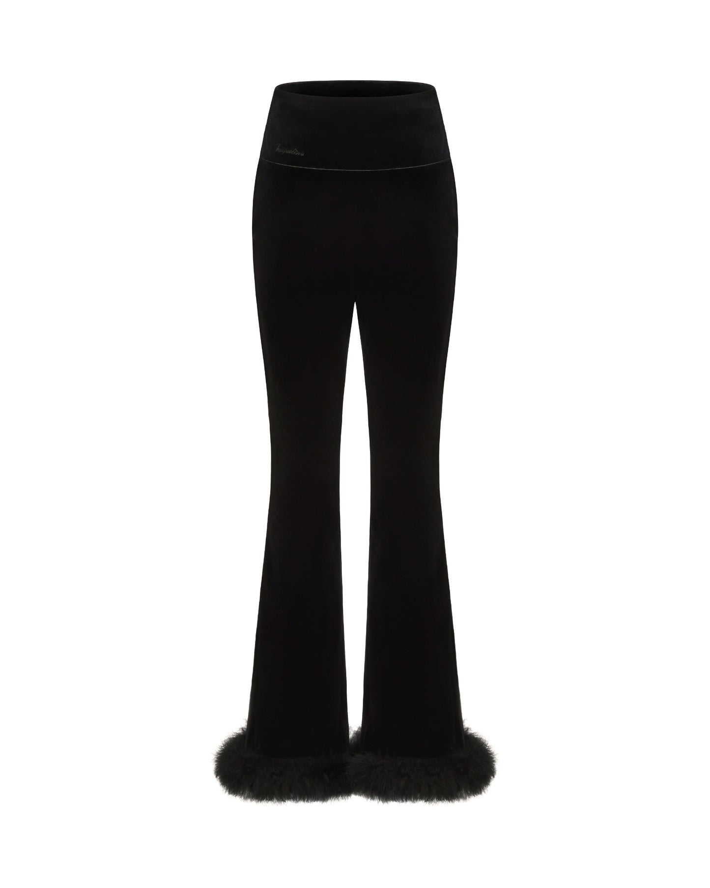 Black velvet and wool flared pants with fur trim on a white background