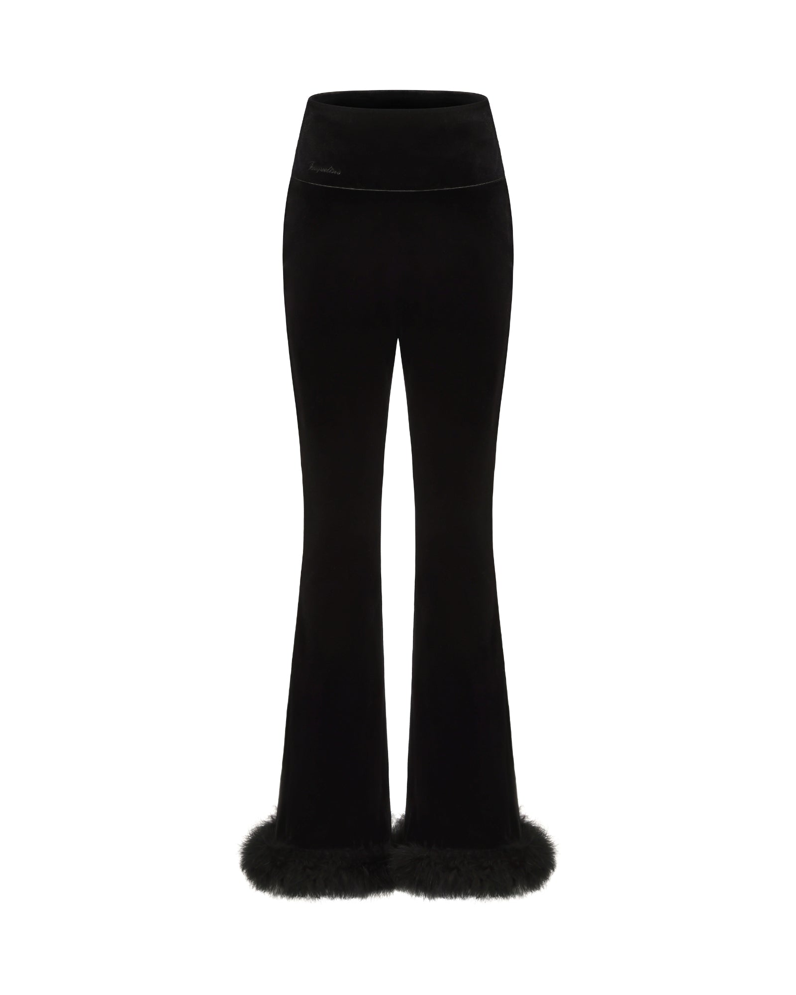 Black velvet and wool flared pants with fur trim on a white background