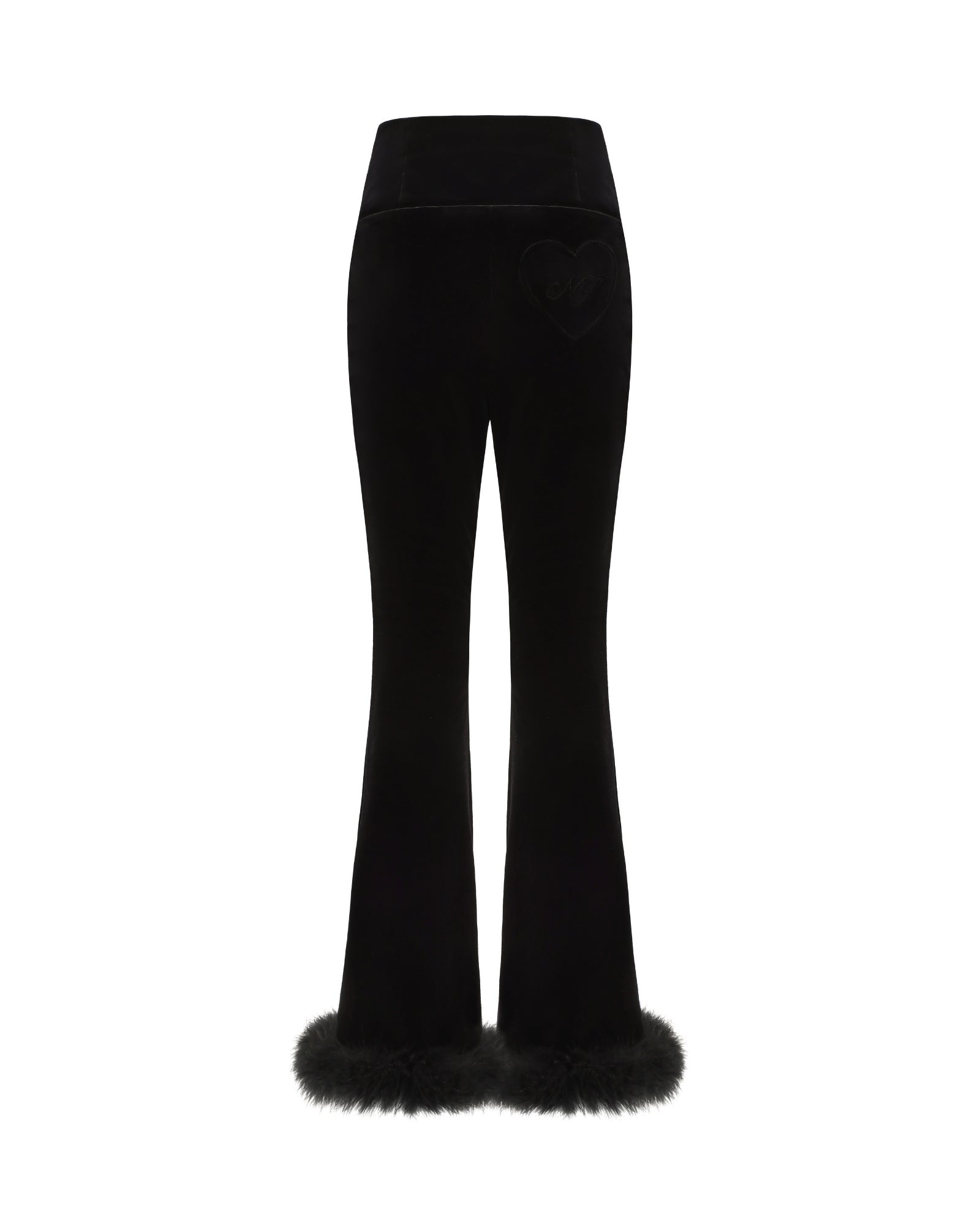 Black velvet pants with fur cuffs on a white background