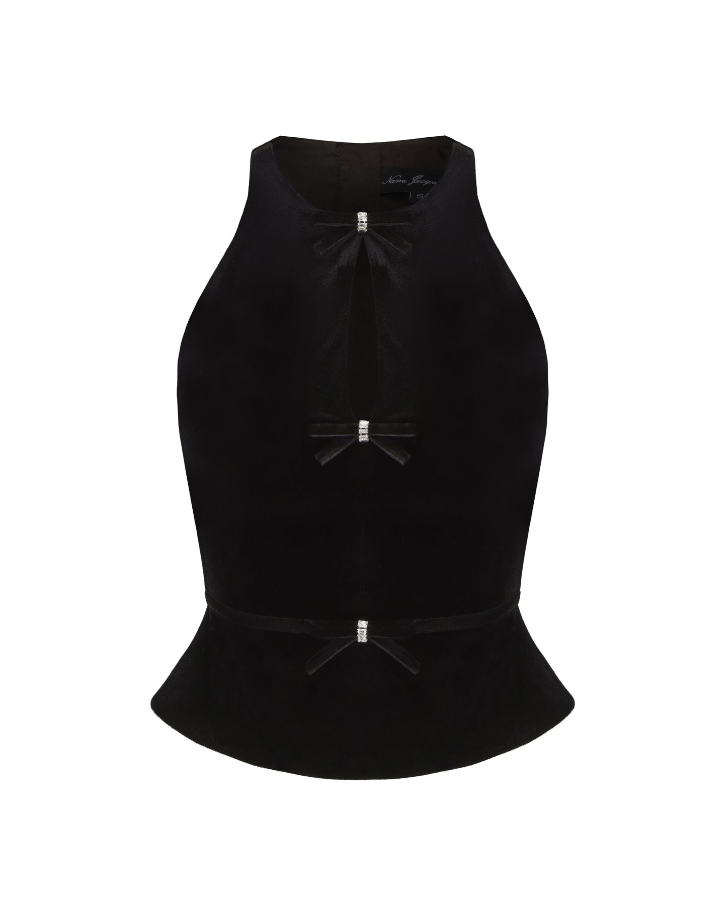 Black halter velvet top with bow details on a white background