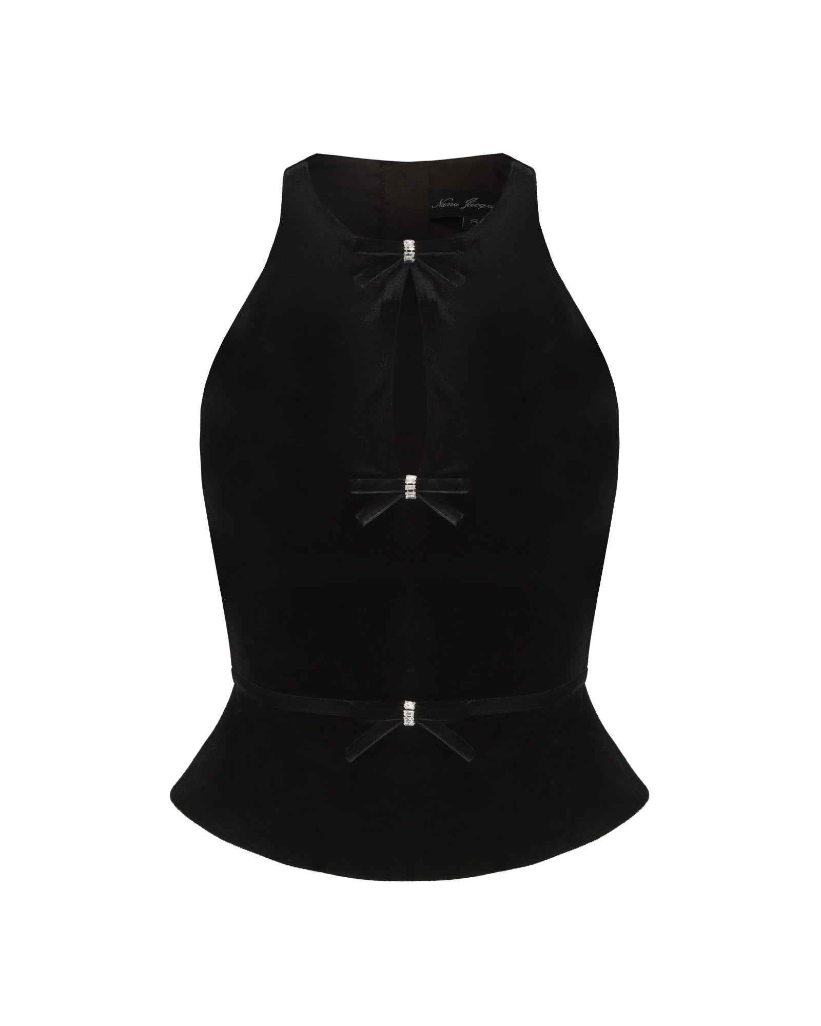Black halter velvet top with bow details on a white background