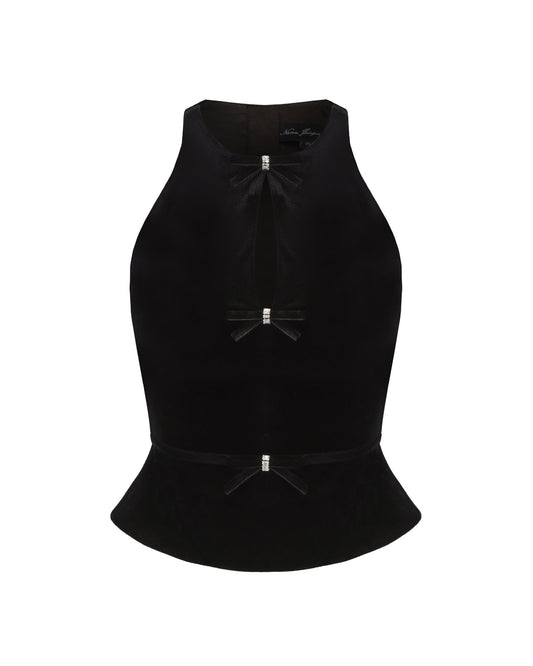 Black halter velvet top with bow details on a white background
