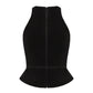 Black velvet sleeveless top with a peplum waist on a white background