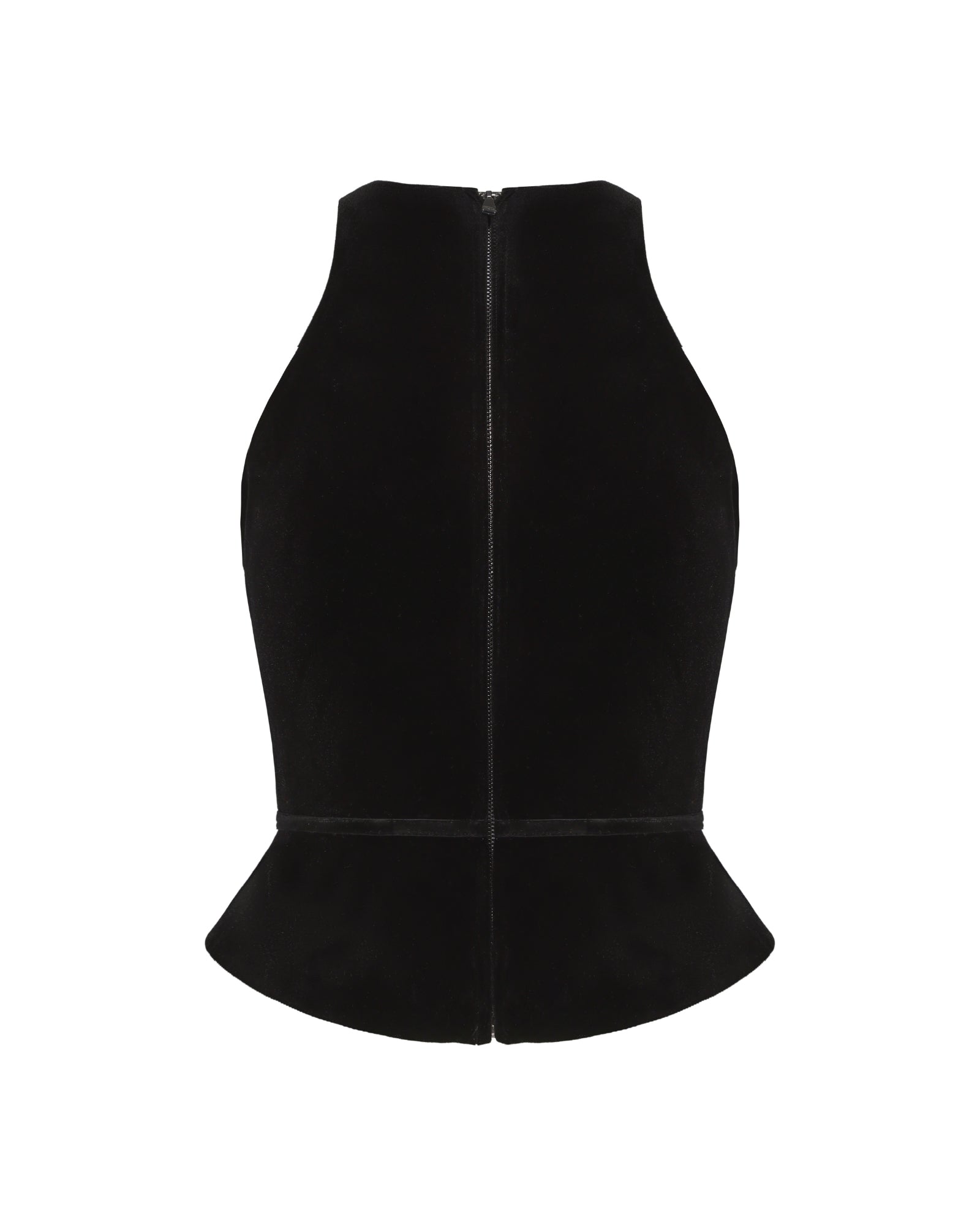 Black velvet sleeveless top with a peplum waist on a white background