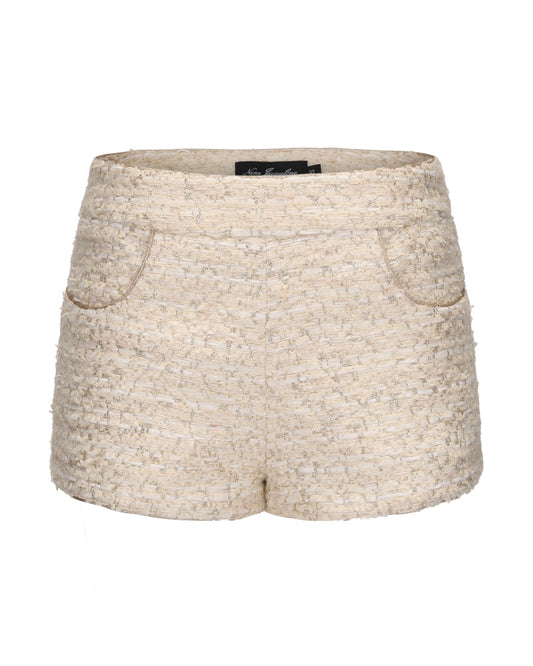 White tweed shorts on a white background