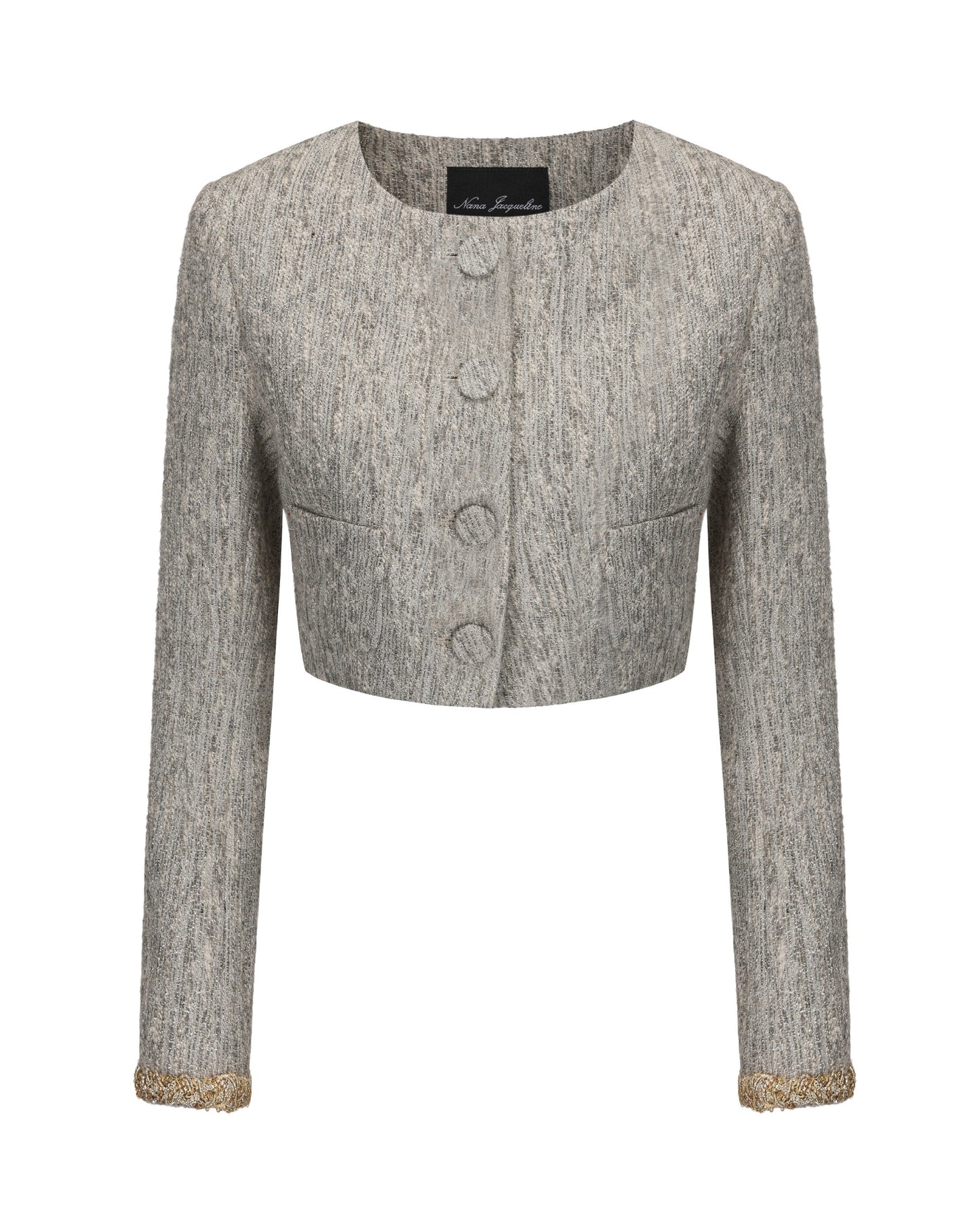 Gray textured cropped coat with buttons on a white background