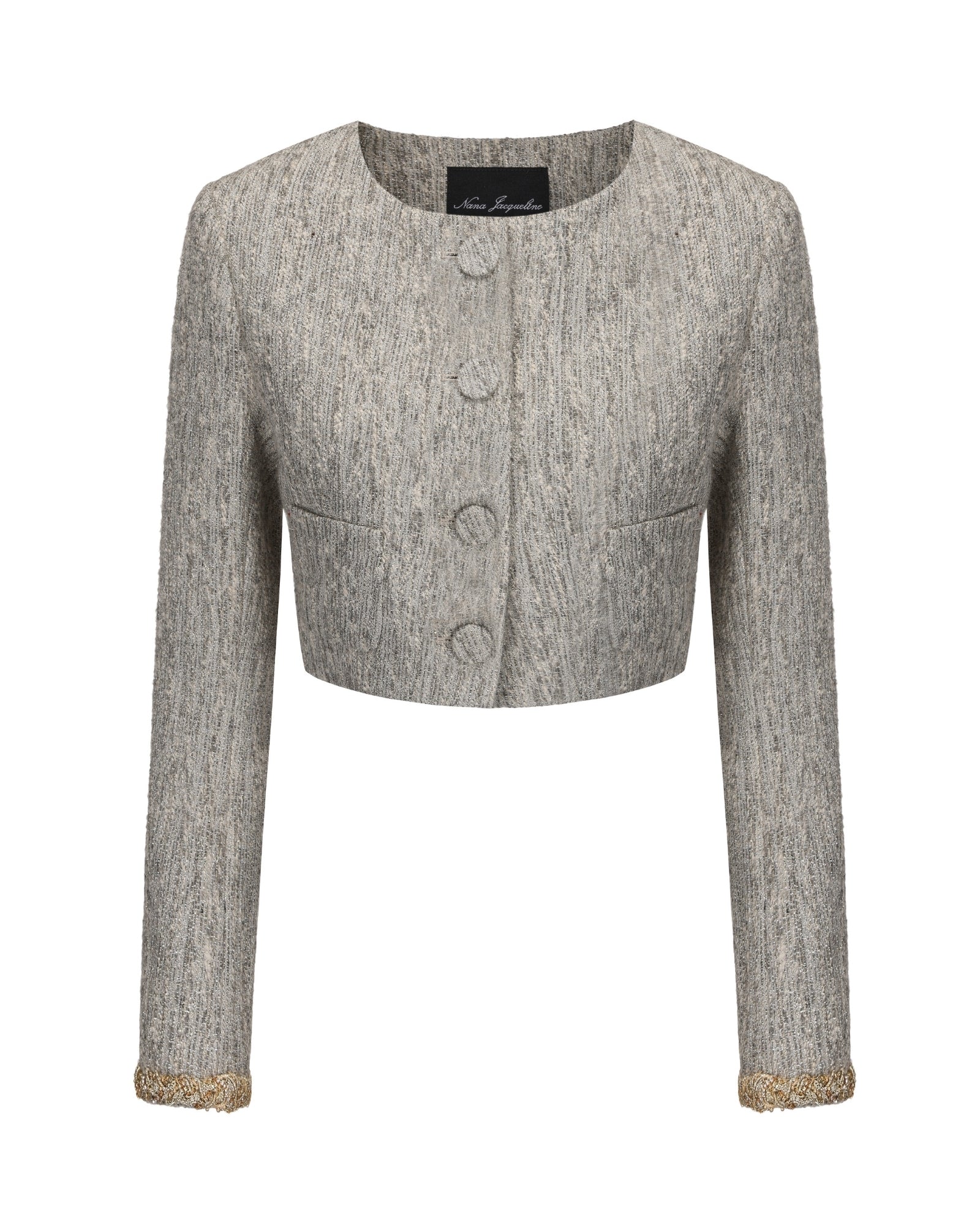 Gray textured cropped coat with buttons on a white background