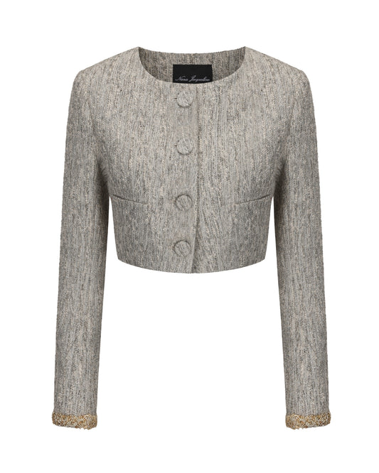 Gray textured cropped coat with buttons on a white background