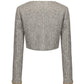 Gray textured cropped coat with gold trim on a white background