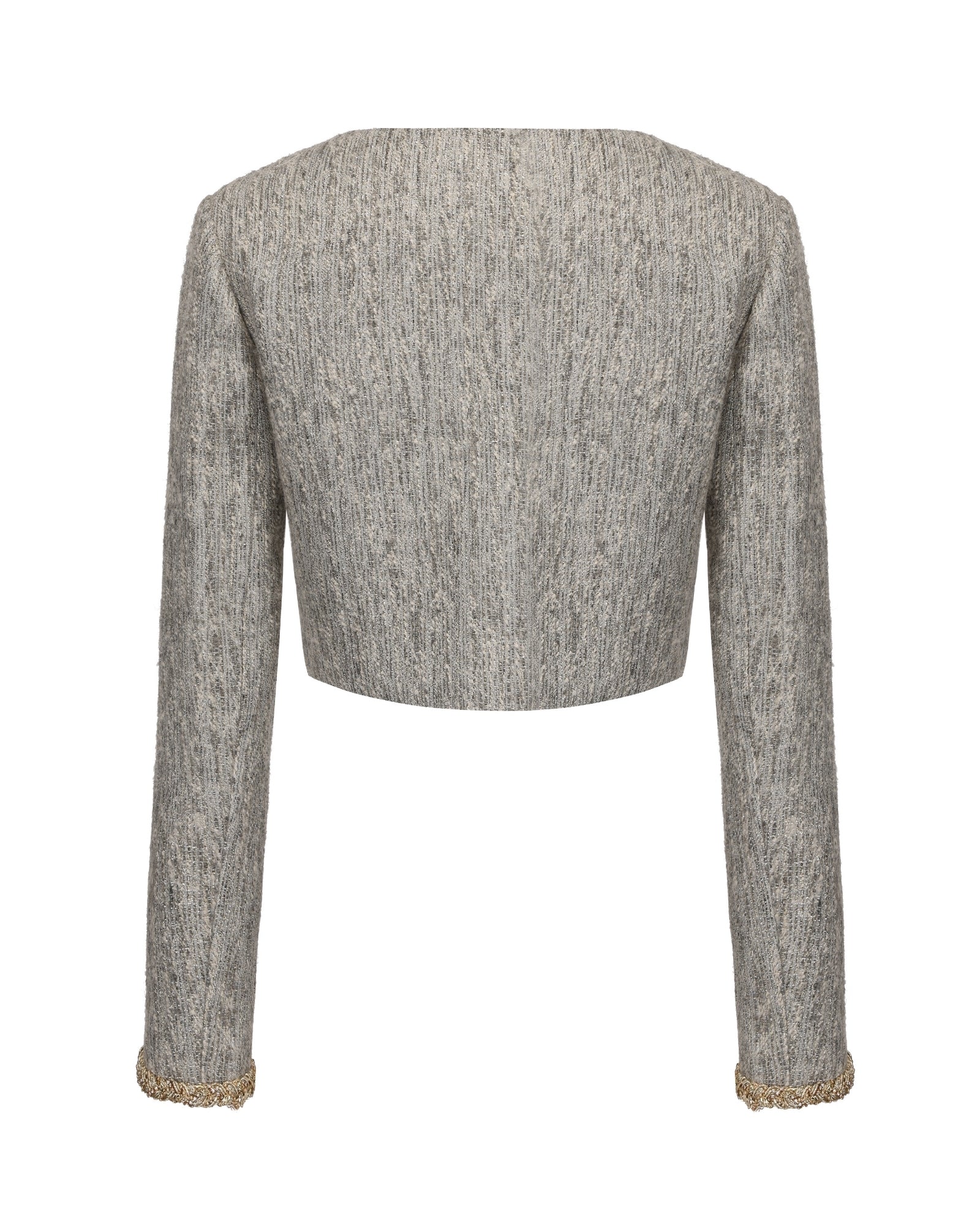 Gray textured cropped coat with gold trim on a white background
