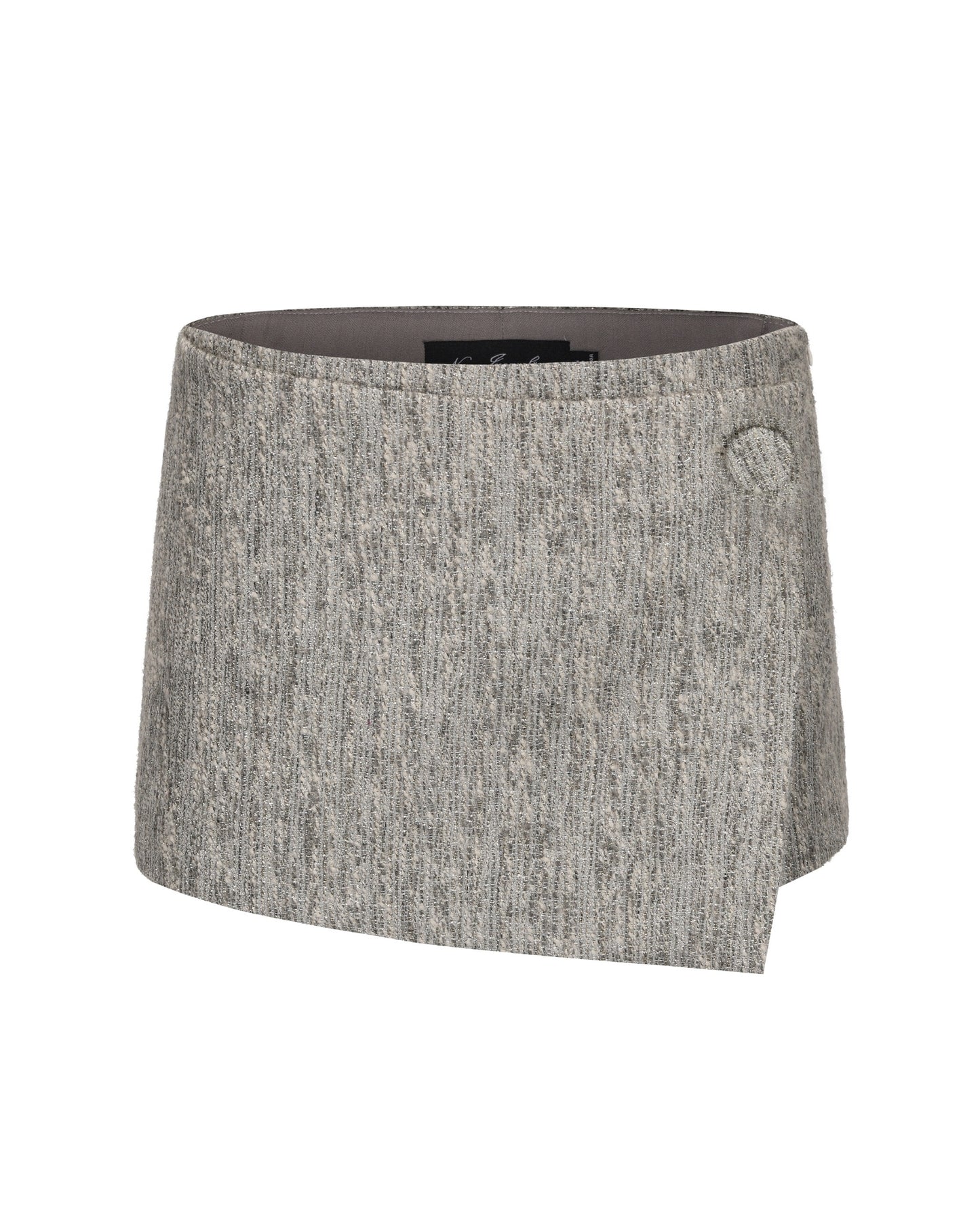 Gray mini skirt with wrap front and a button on white background