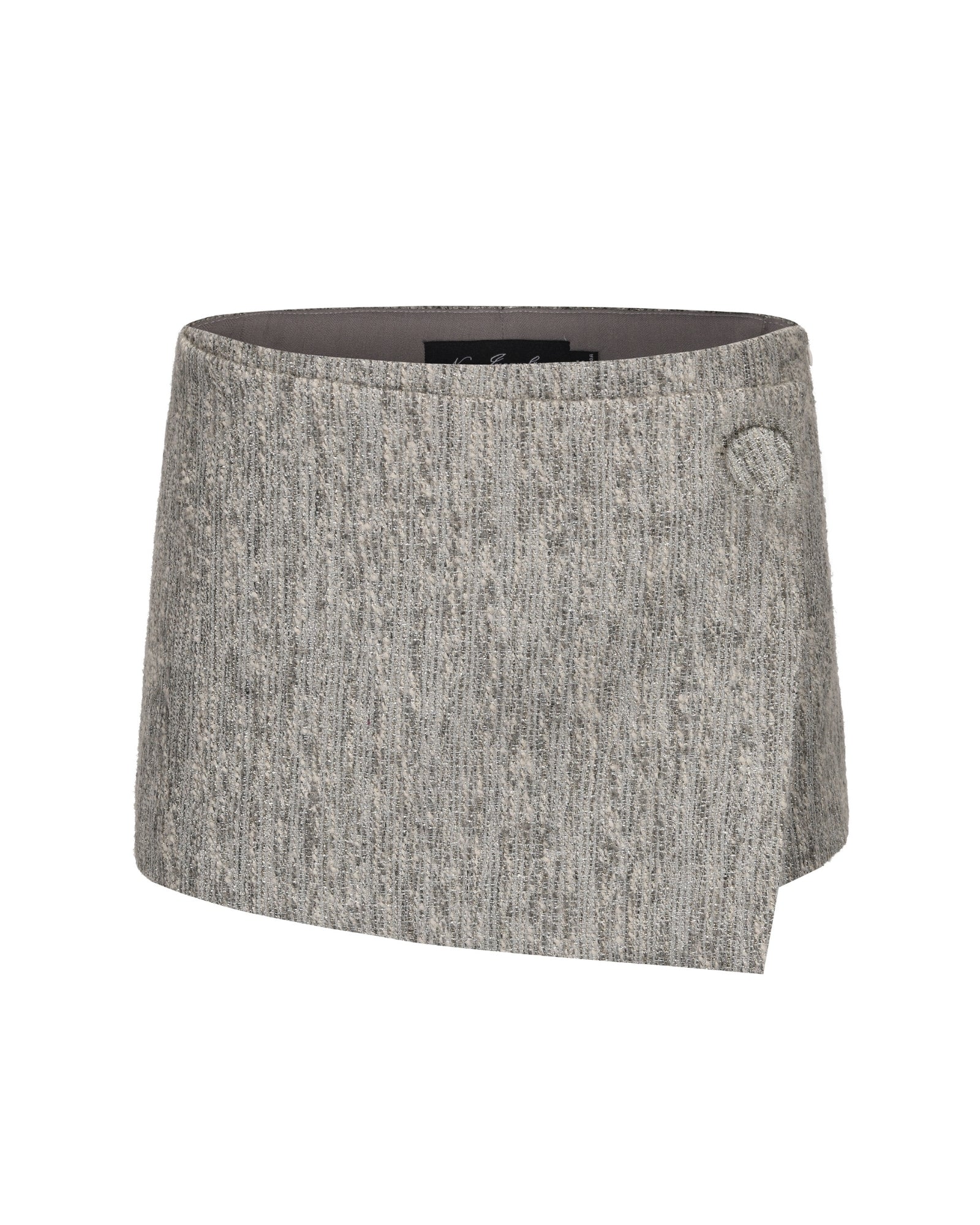 Gray mini skirt with wrap front and a button on white background