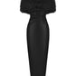 Black strapless maxi dress with fur trim on a white background
