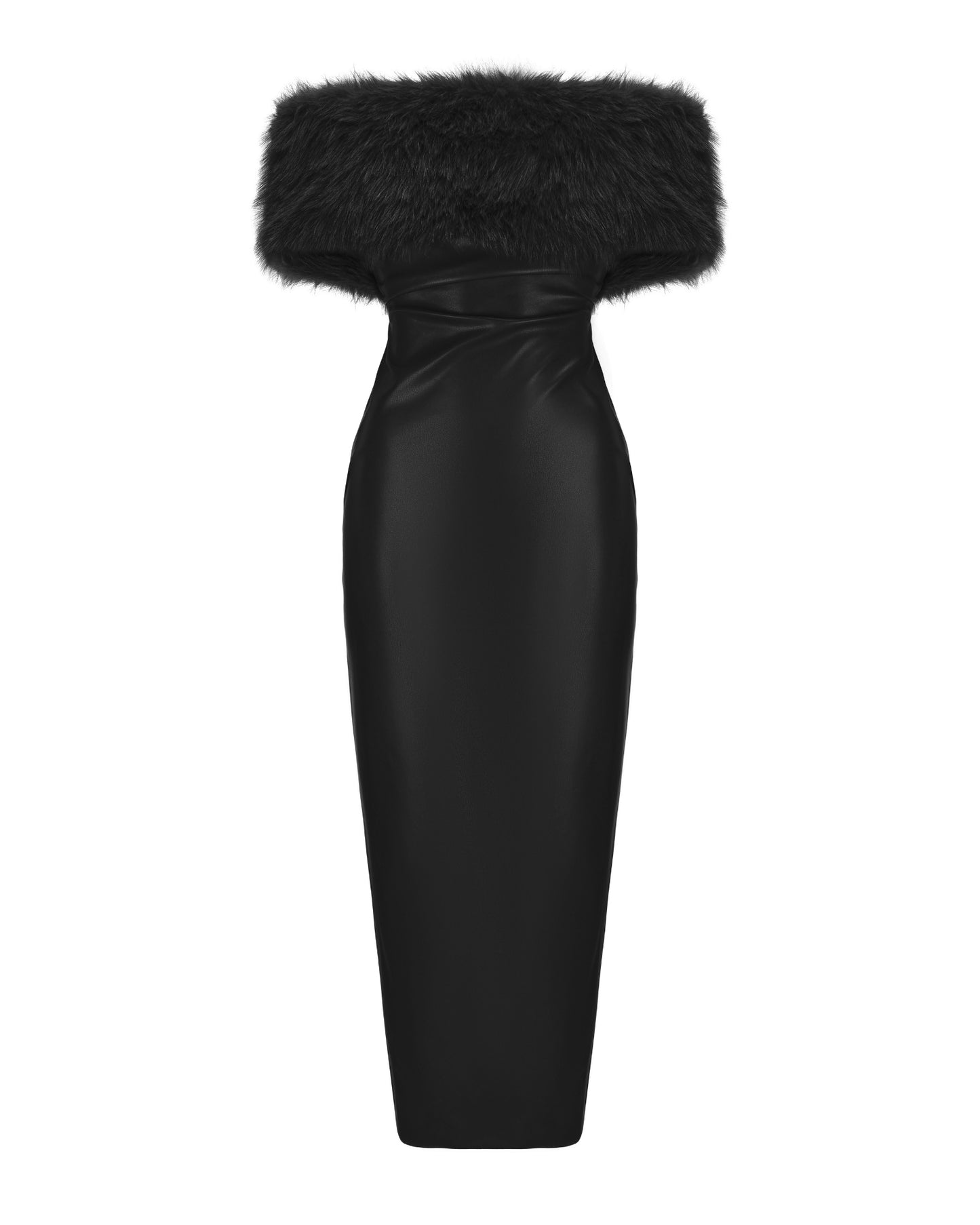 Black strapless maxi dress with fur trim on a white background