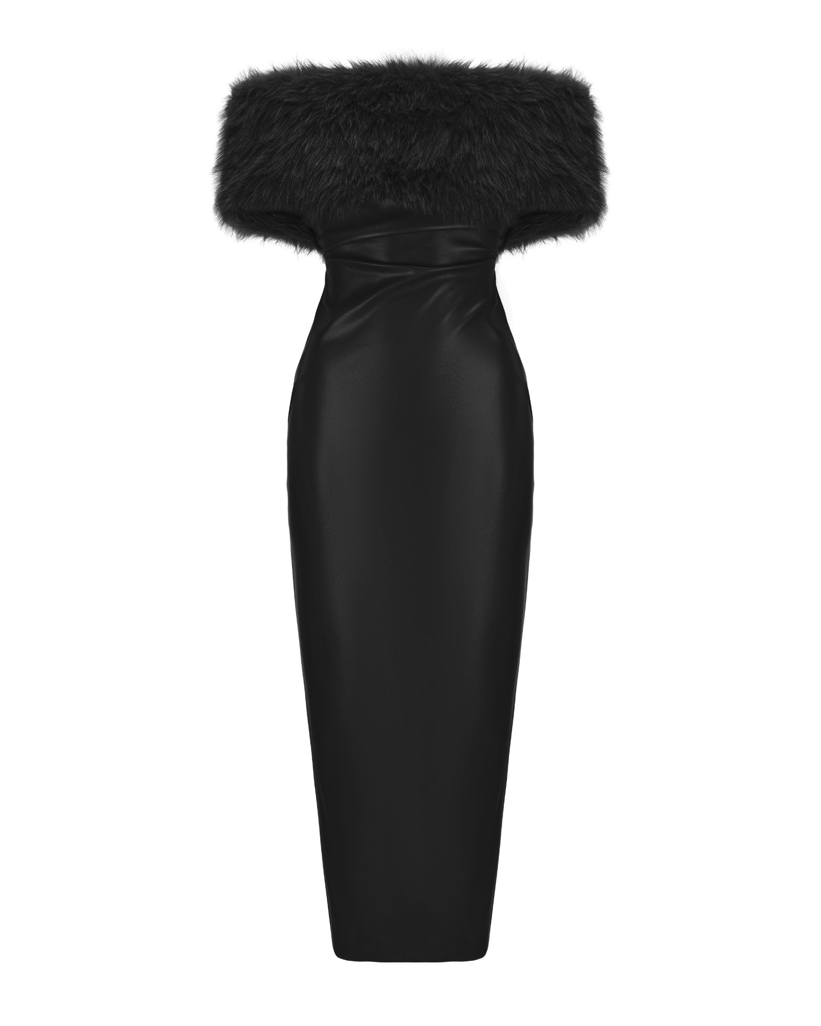 Black strapless maxi dress with fur trim on a white background