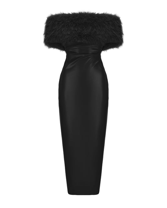 Black strapless maxi dress with fur trim on a white background