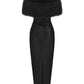 Black strapless maxi dress with fur trim on a white background