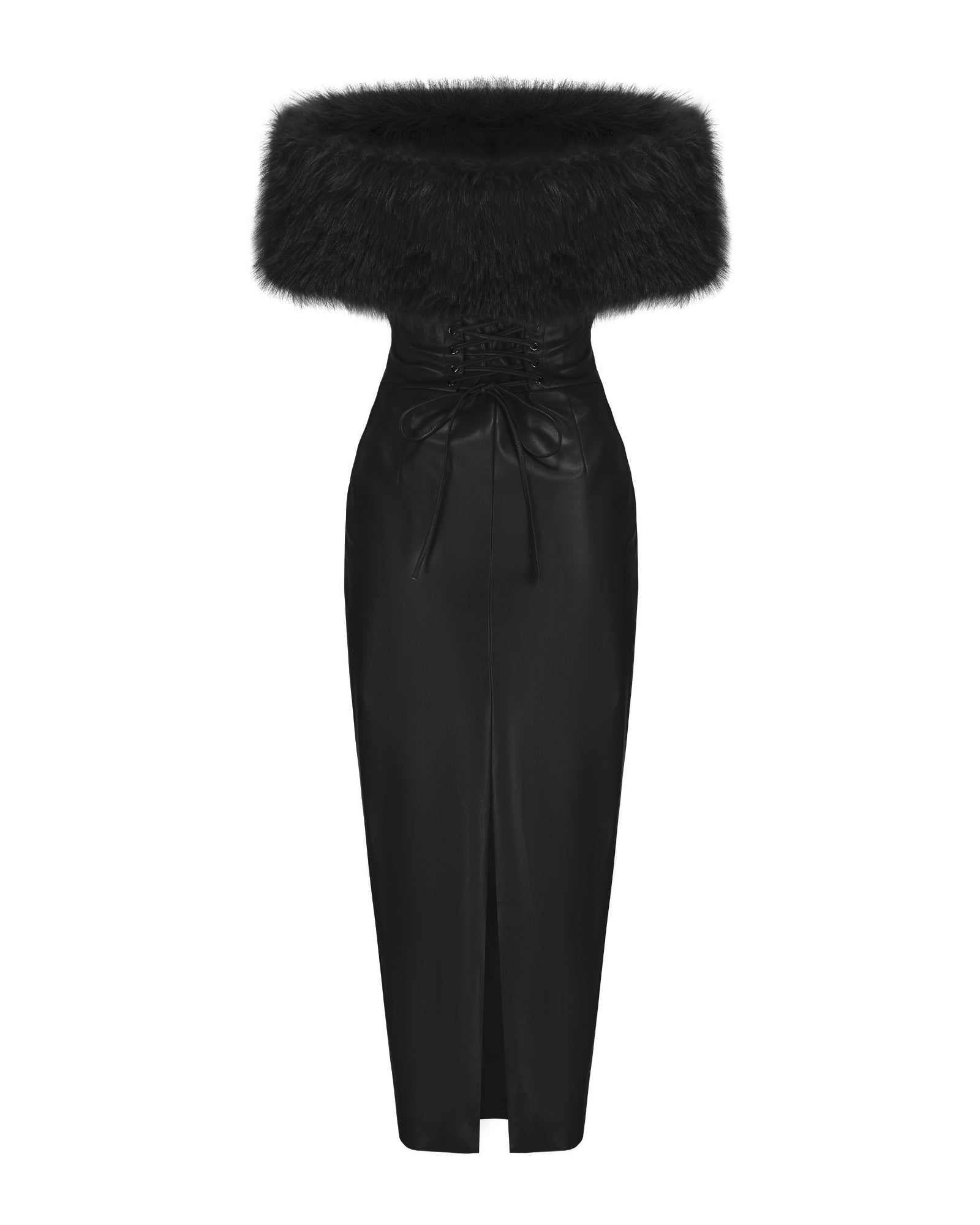 Black strapless maxi dress with fur trim on a white background