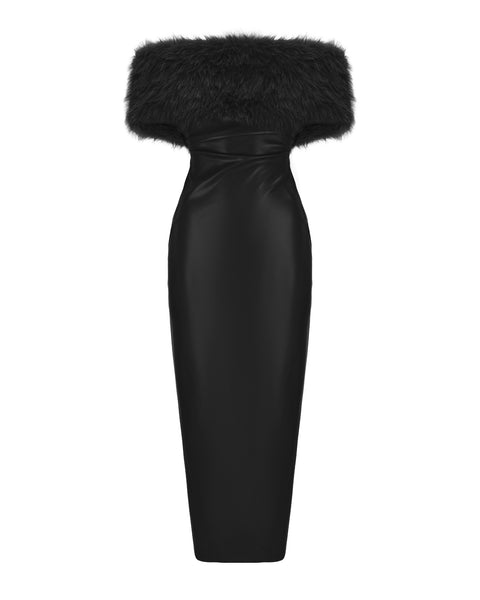 Gabrielle Fur Maxi Dress (Black) | Off-Shoulder Leather Holiday