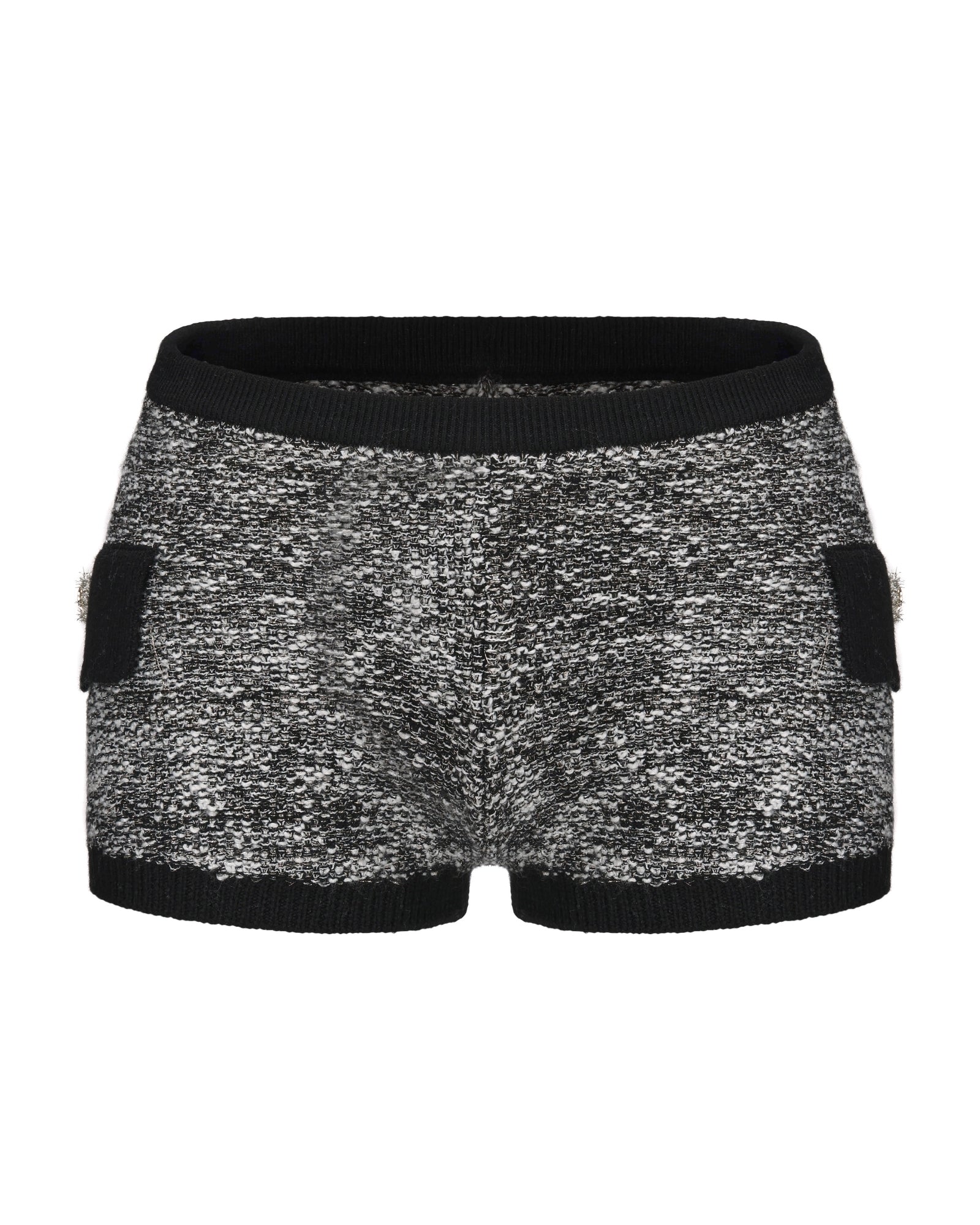 Black and white silver shorts with black trim on a white background