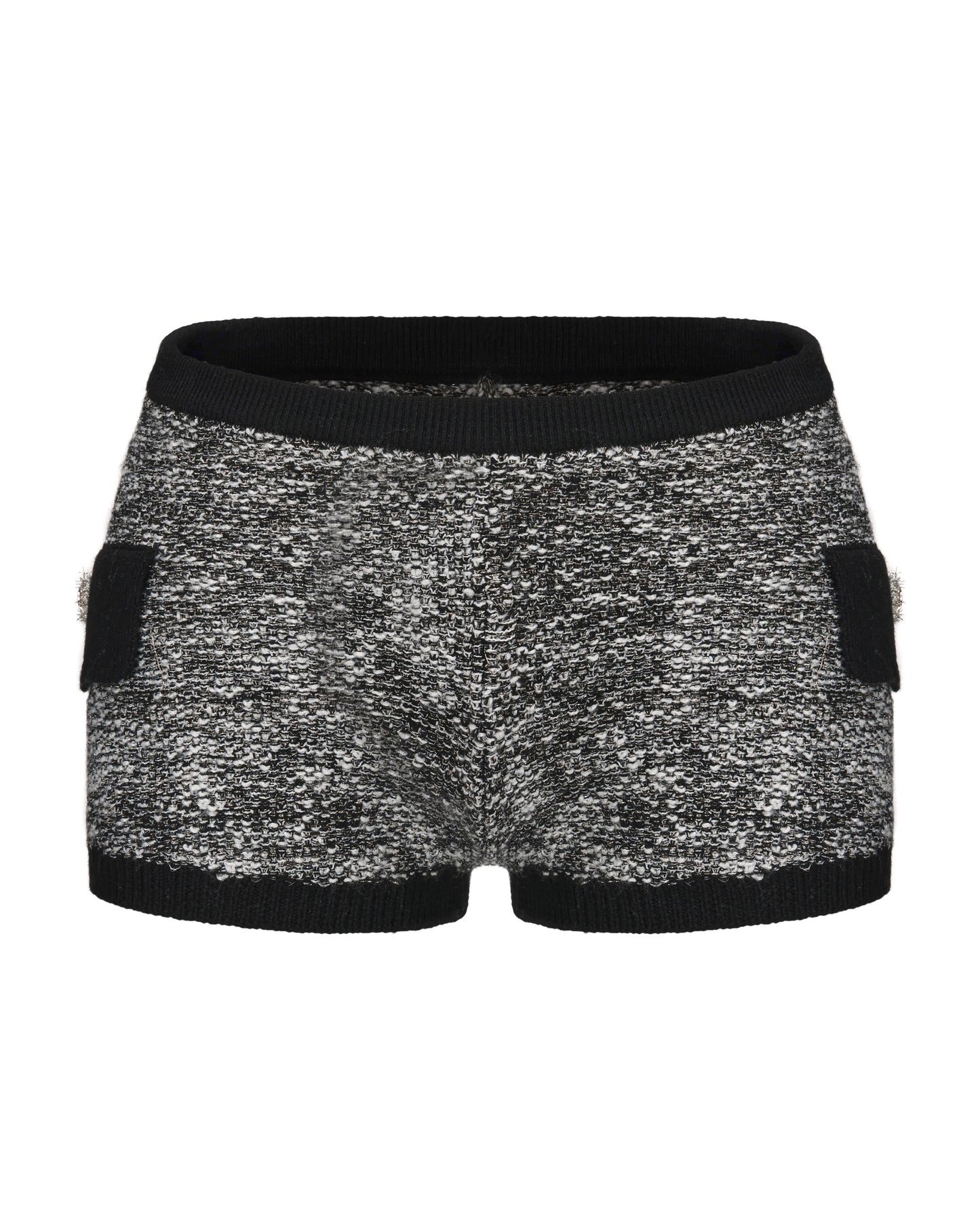 Black and white silver shorts with black trim on a white background