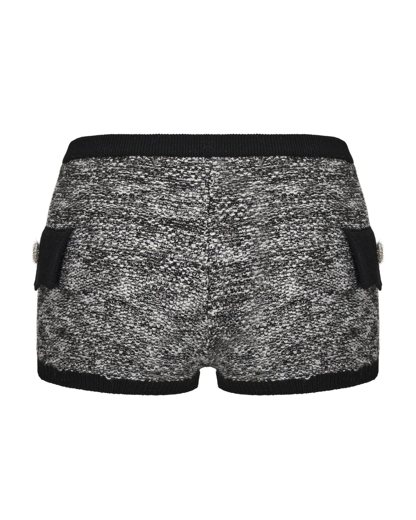 Black and white silver shorts with a textured pattern on a white background