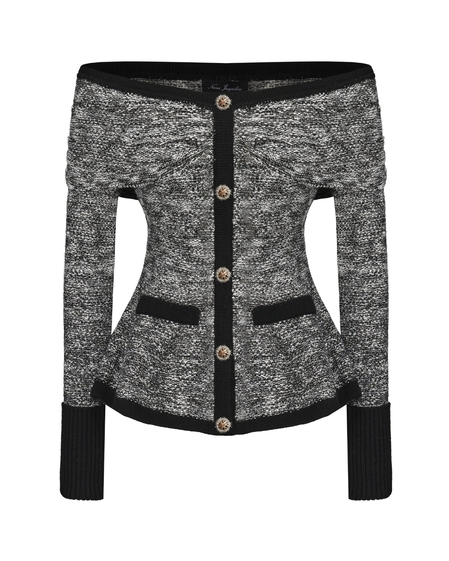 Black and white silver knit top with off-shoulder neckline