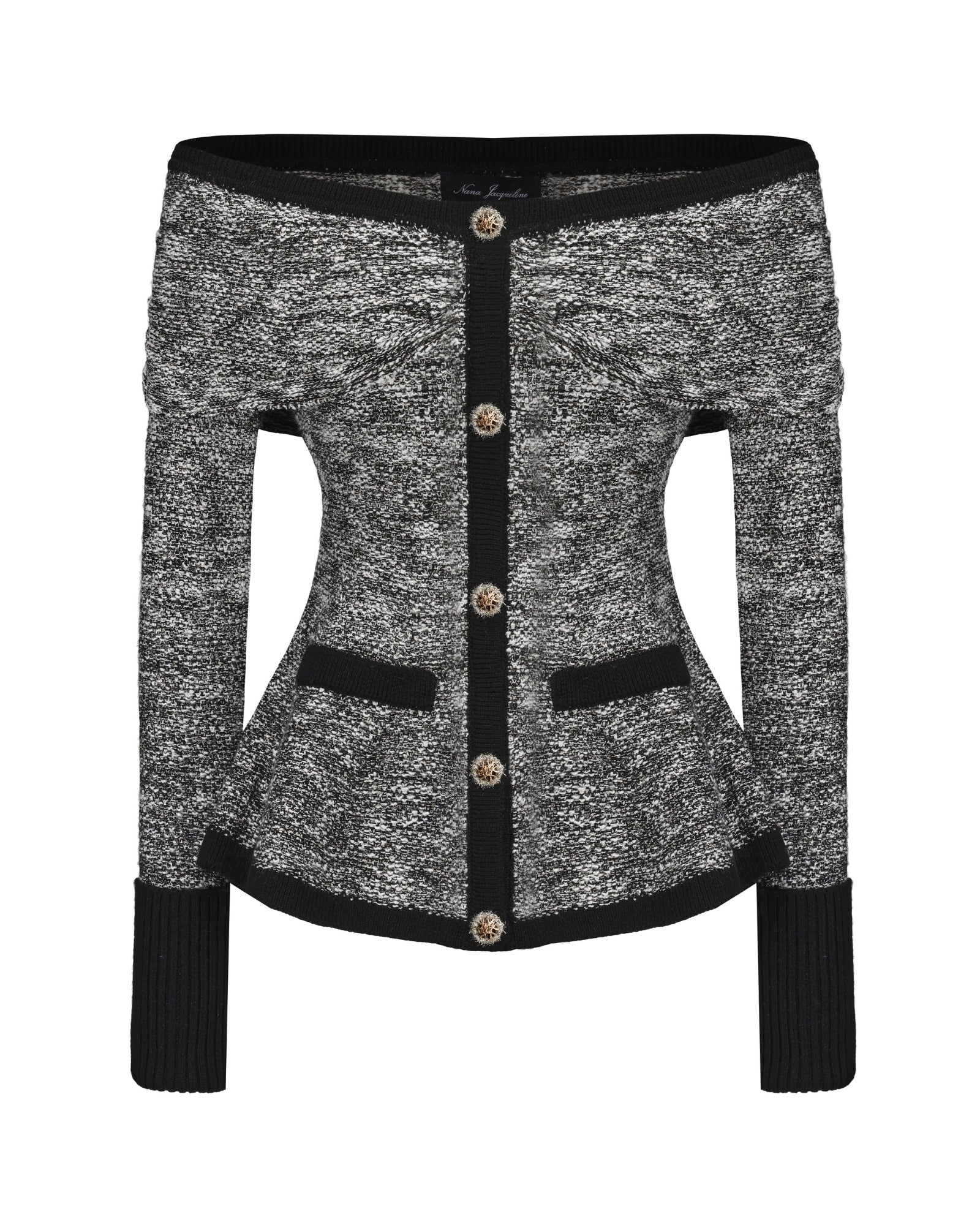 Black and white silver knit top with off-shoulder neckline