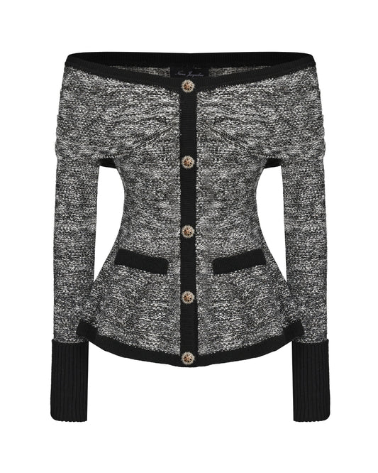 Black and white silver knit top with off-shoulder neckline