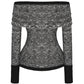 Black and white silver knit top with off-shoulder neckline