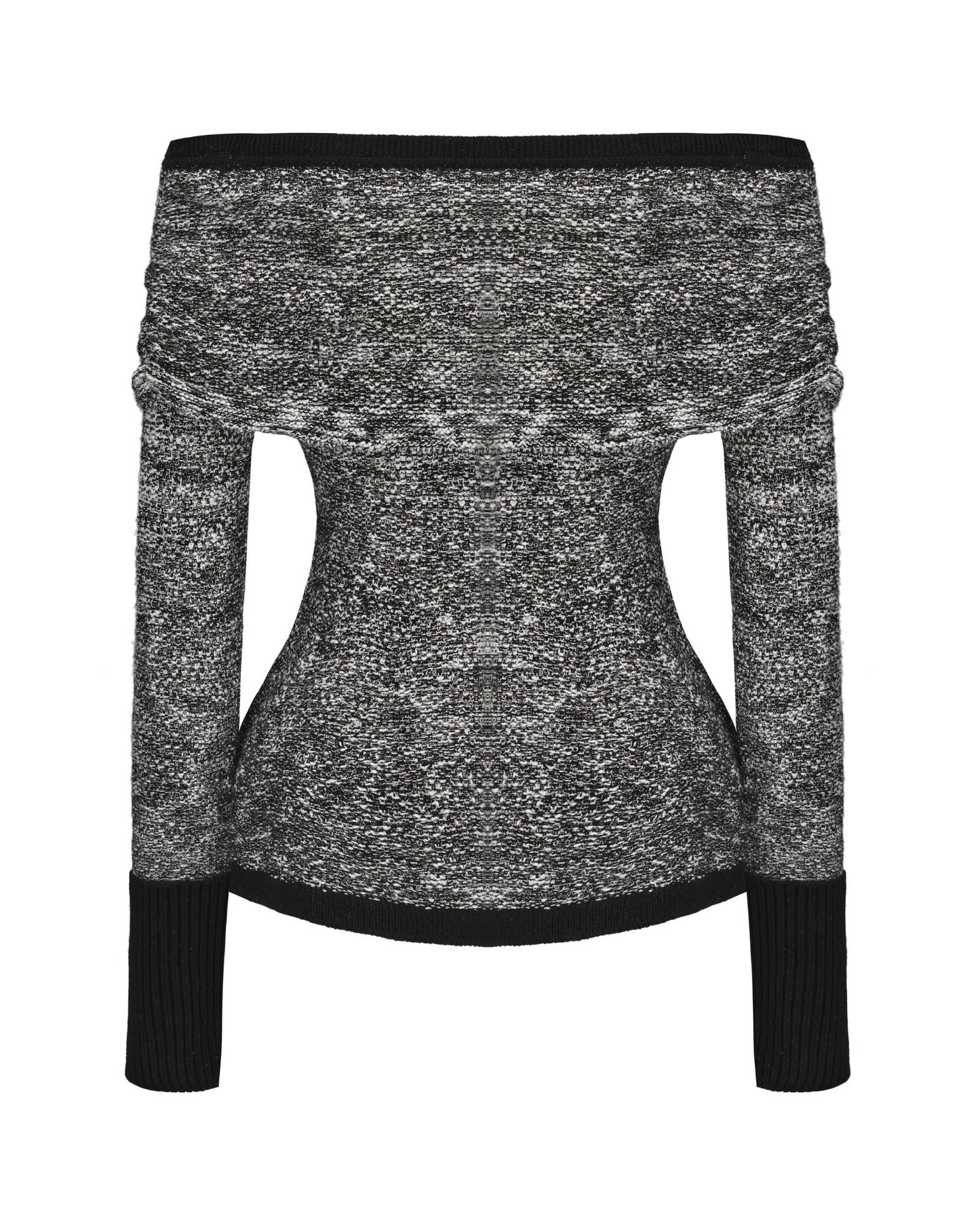 Black and white silver knit top with off-shoulder neckline