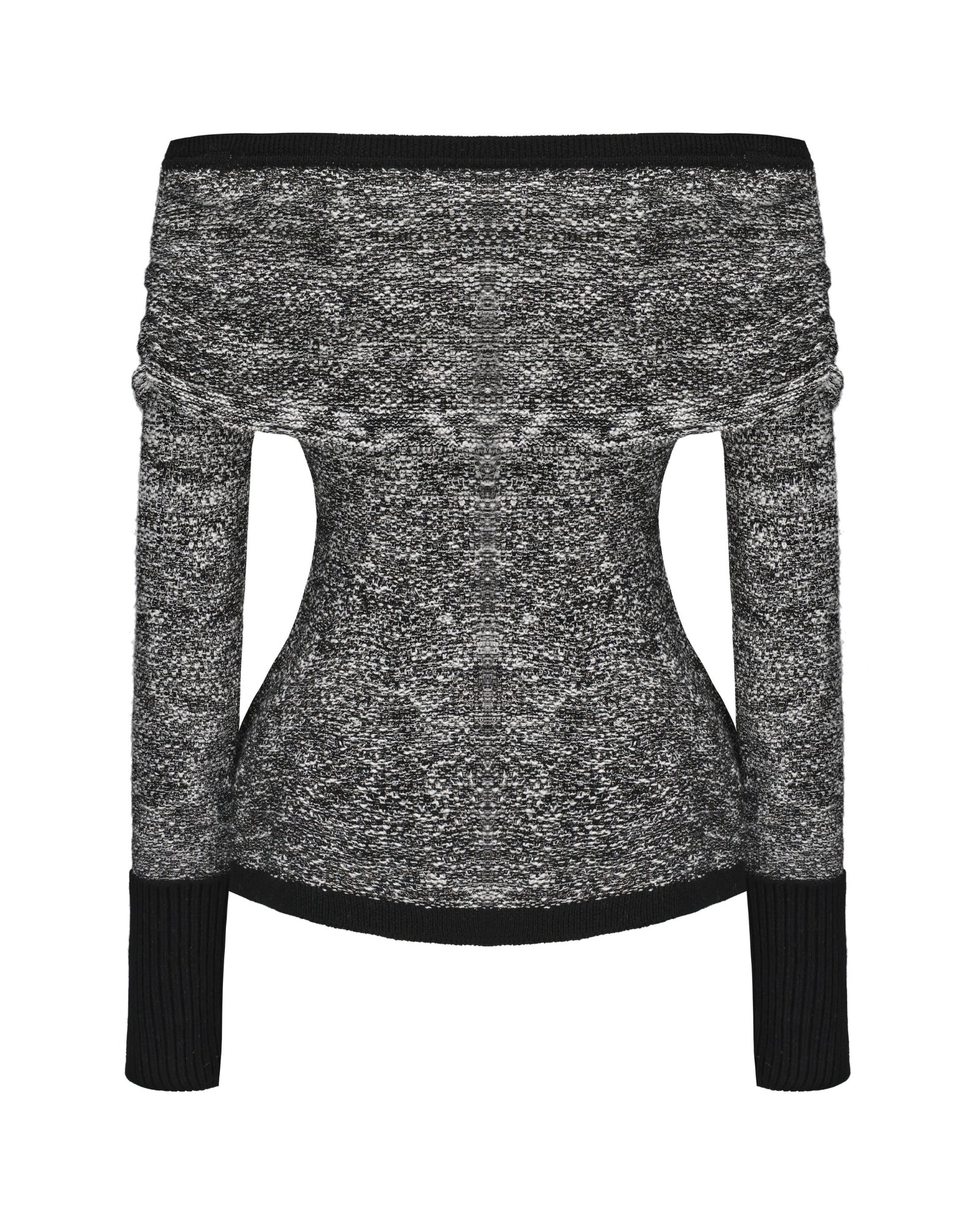 Black and white silver knit top with off-shoulder neckline