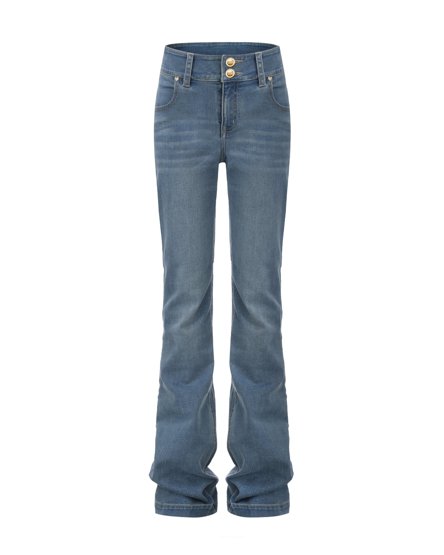 Blue bootcut jeans for female on a white background