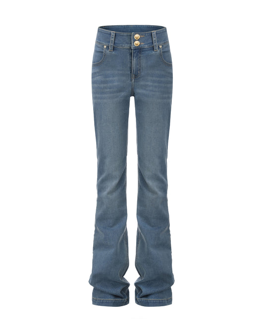 Blue bootcut jeans for female on a white background