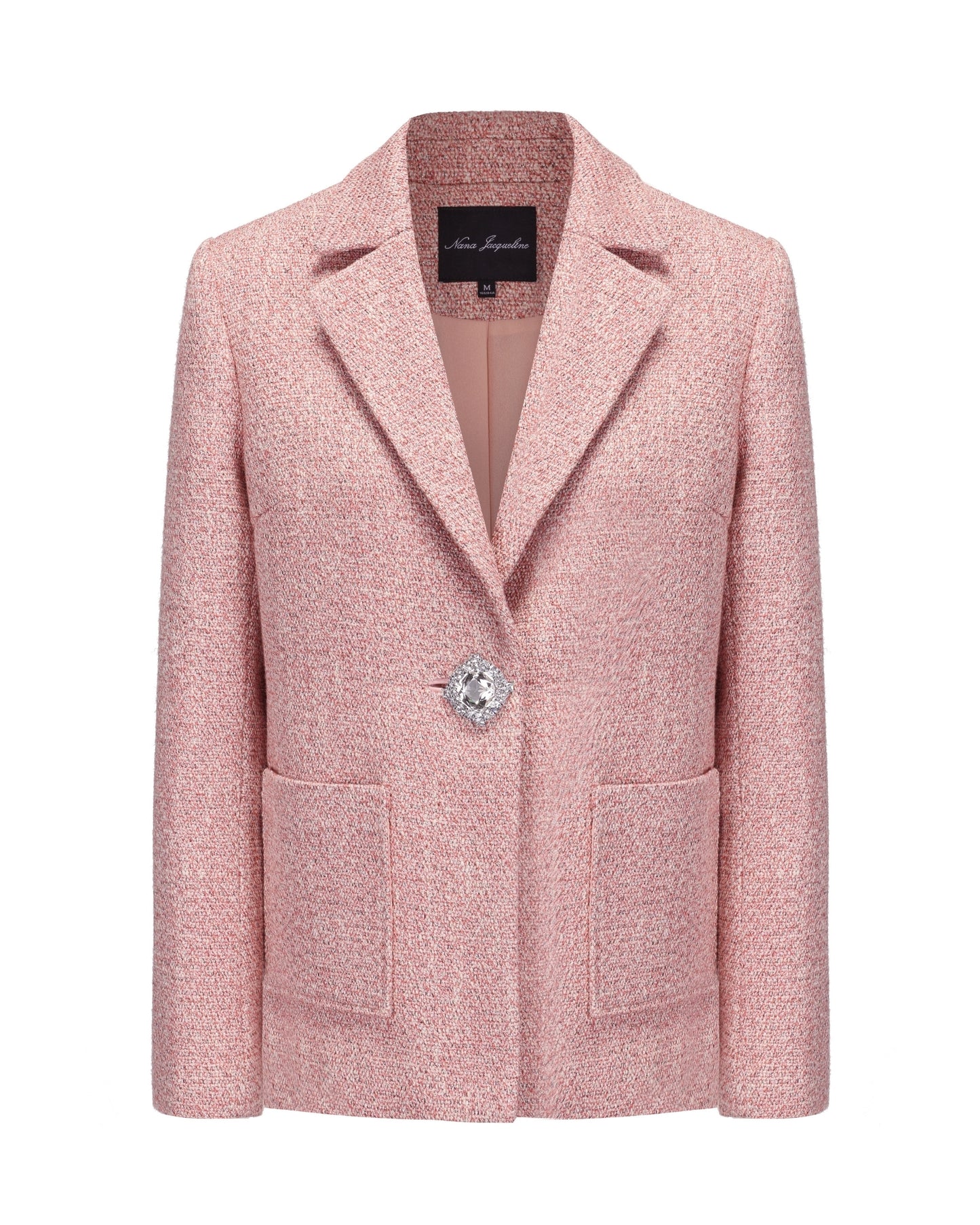 Pink suit jacket with a diamond button on a white background