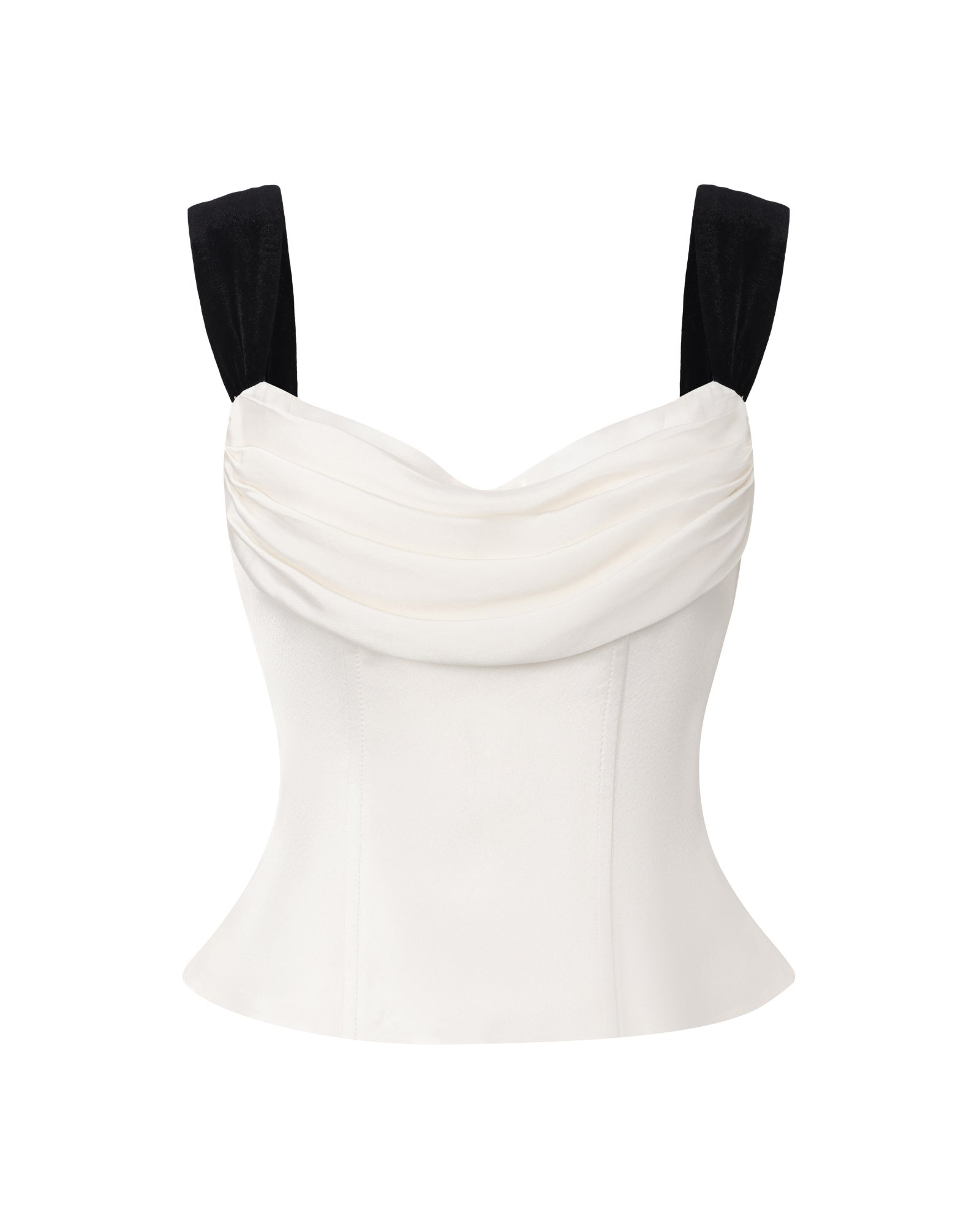 White top with black straps on a white background