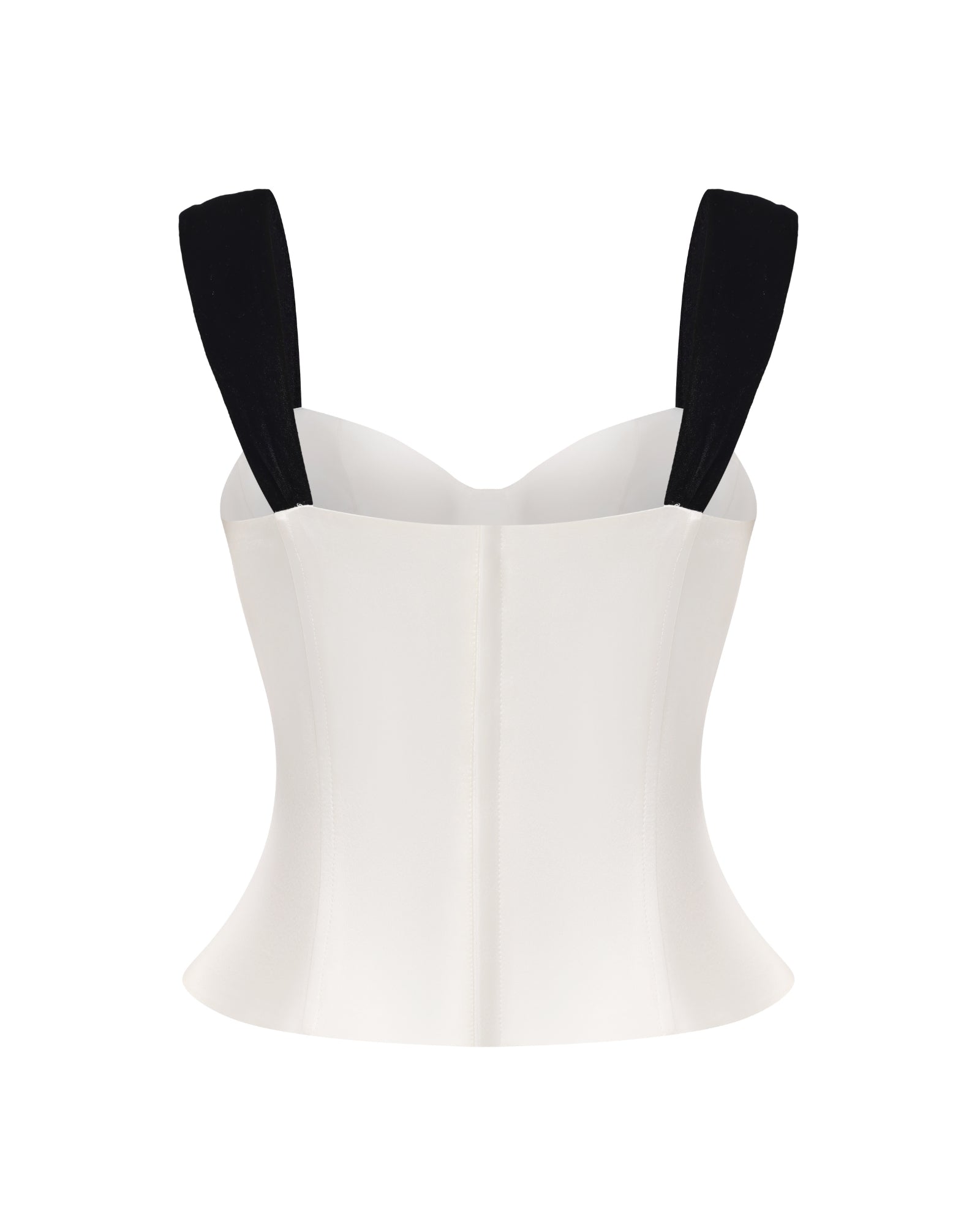 White top with black straps on a white background
